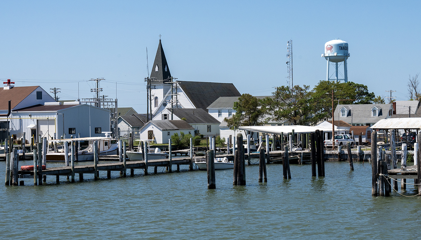 The docks of Tangier Island with the town in the background. 
