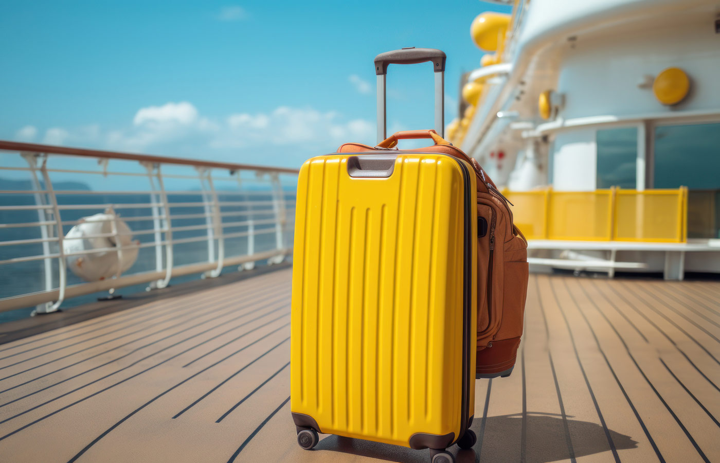 Yellow suitcase with wheels on the deck of a cruise ship.
