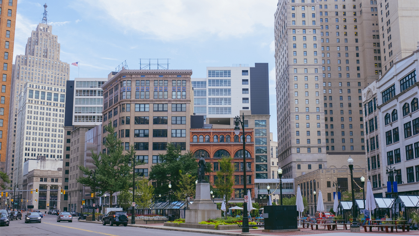 Street view of Capitol Park surrounded by buildings in Downtown Detroit, Michigan
