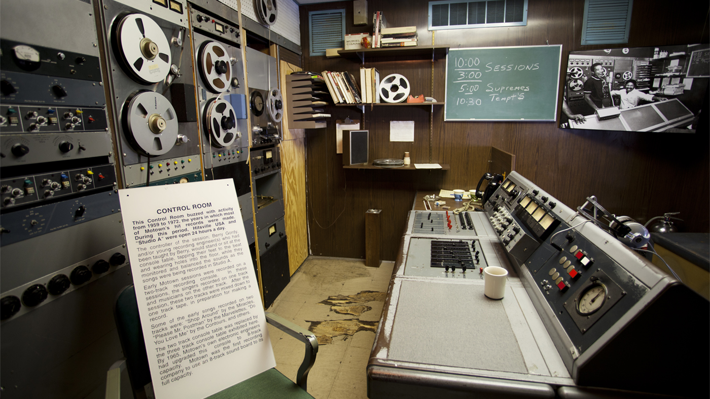 Control room with recording equipment at the Motown Museum in Detroit