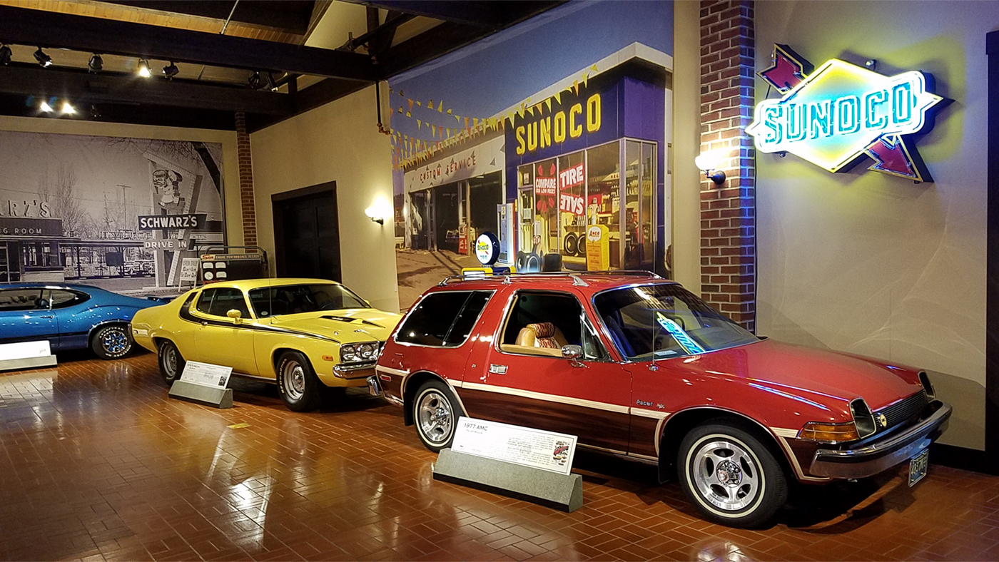 An exhibit featuring classic cars at the Gilmore Car Museum in Kalamazoo, Michigan