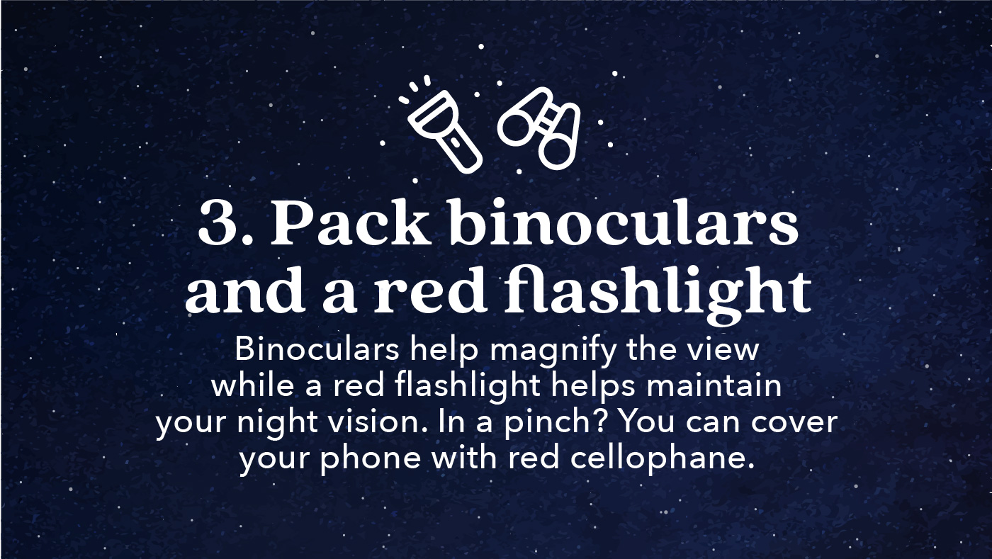 Tip 3 is to pack a pair of binoculars and a red flashlight. 