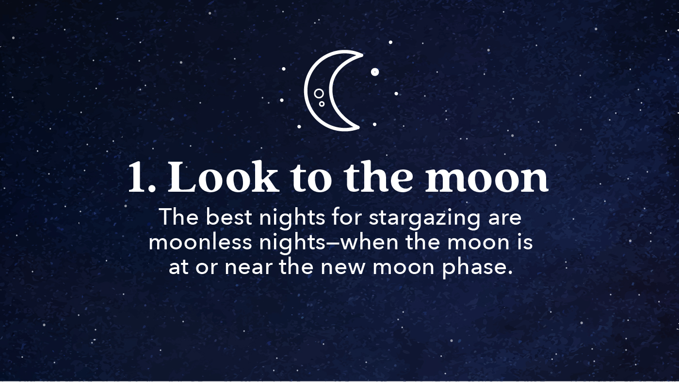 Tip #1, Look to the moon. Best stargazing is on a moonless night.