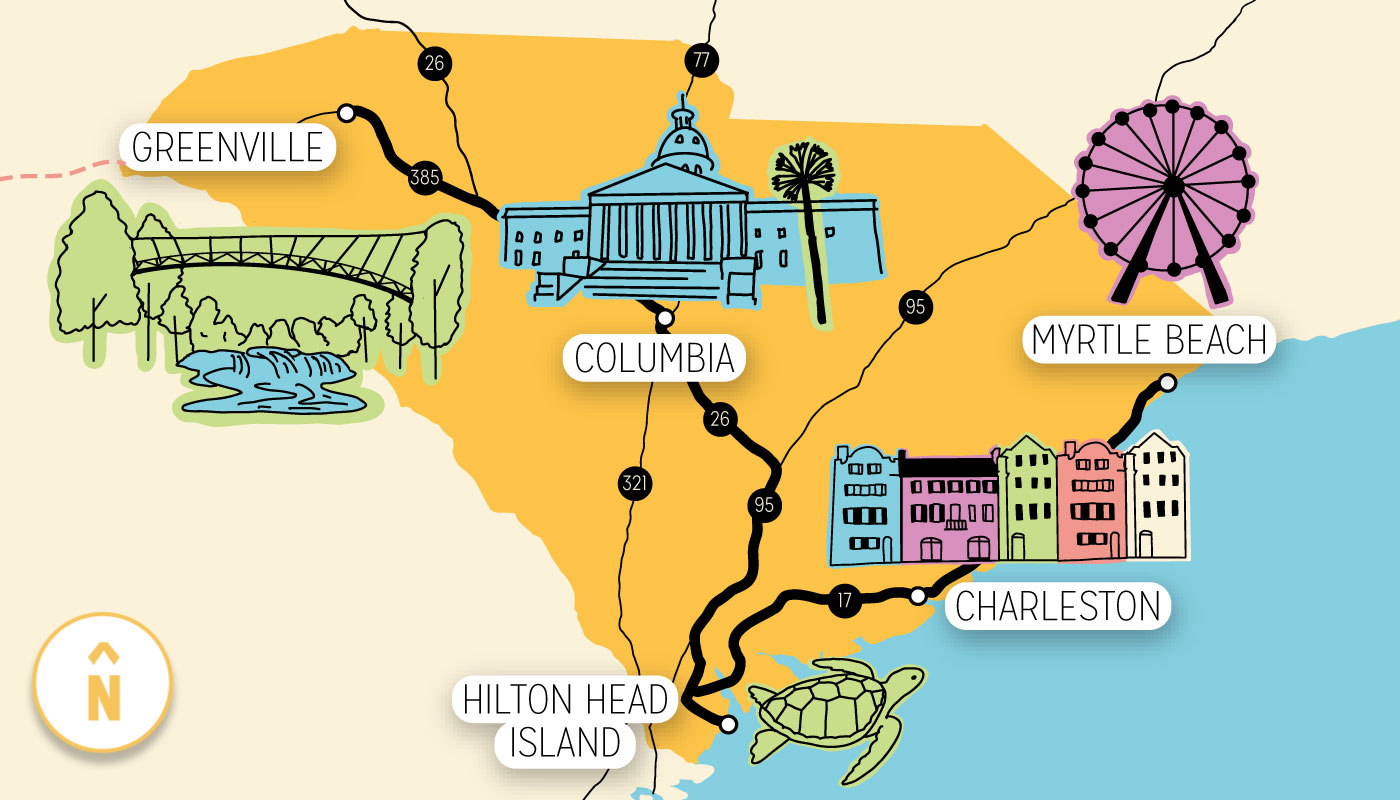 An illustrated map of the state of South Carolina