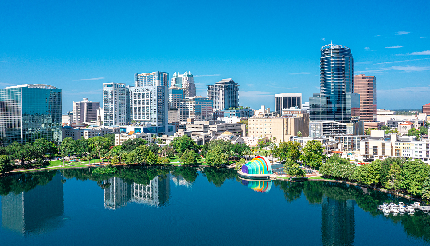 Aerial view of Orlando skyline and reflection in Lake Eola.