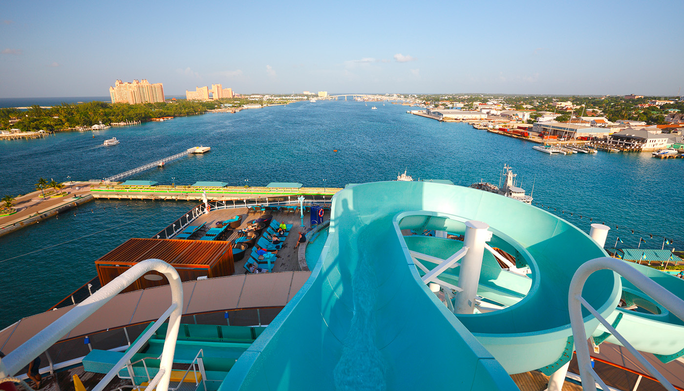 View of the Nassau Bay and the Bahamas from the top of a slide on a cruise ship