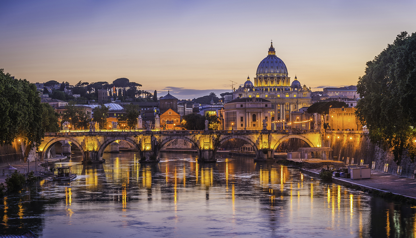 Iconic landmarks of Rome, Italy's ancient capital city, reflecting in the tranquil waters of the River Tiber. ProPhoto RGB profile for maximum color fidelity and gamut.