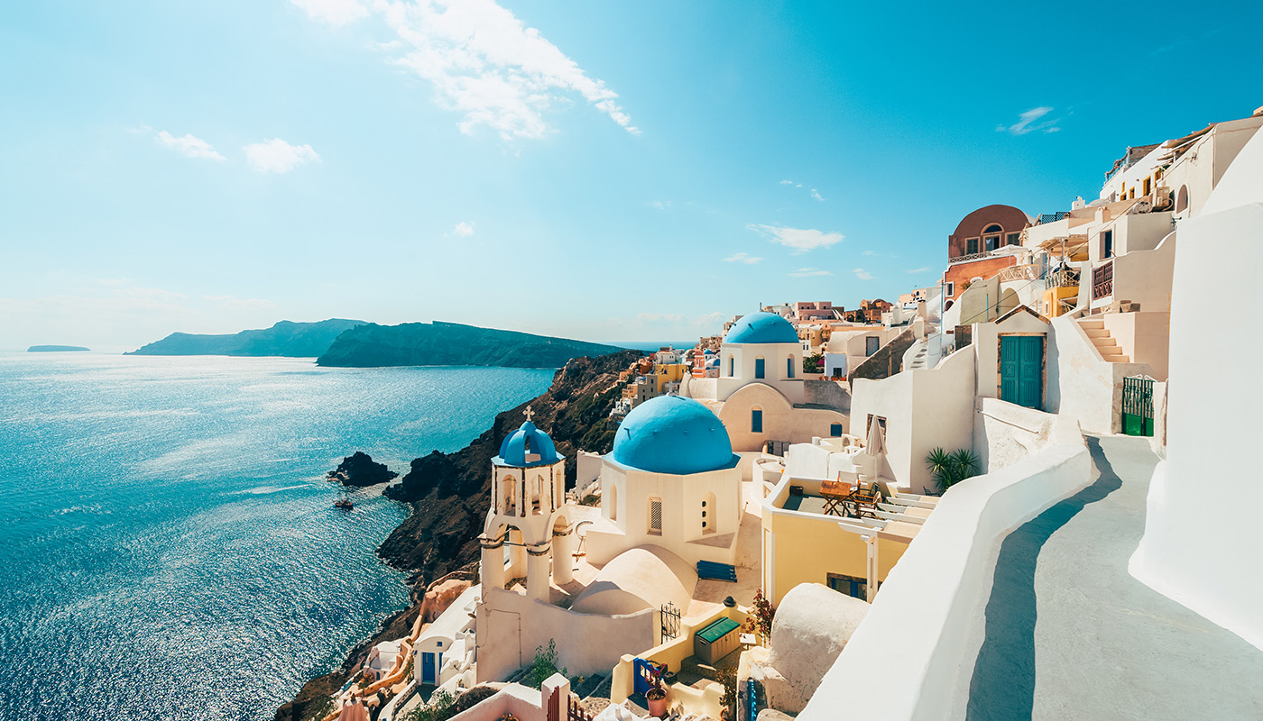 A view of the seaside town of Santorini overlooking the Aegean Sea.