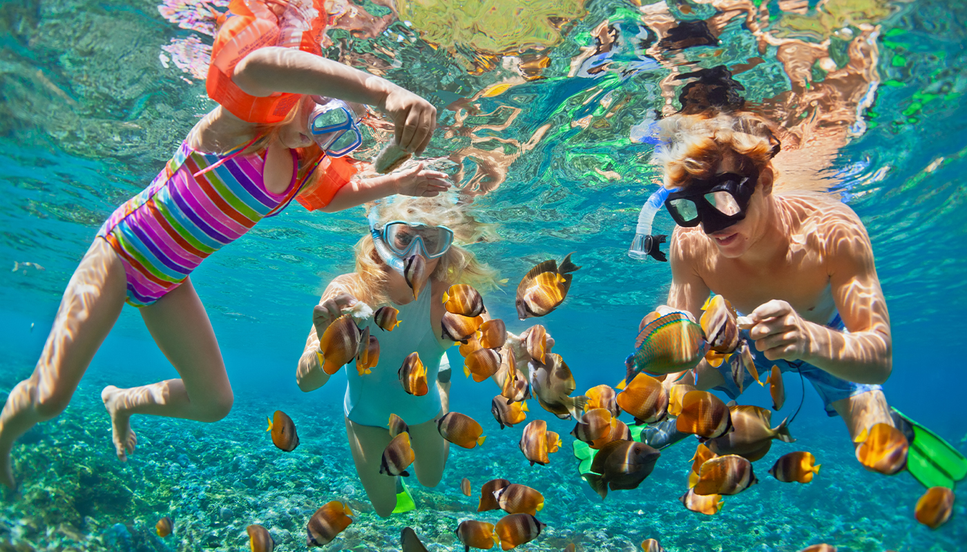 A man and two girls snorkel with a small school of fish.
