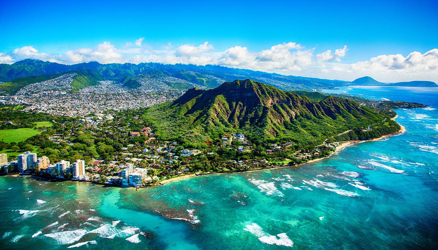 Arial view of Diamond Head State Park next to Honolulu. 