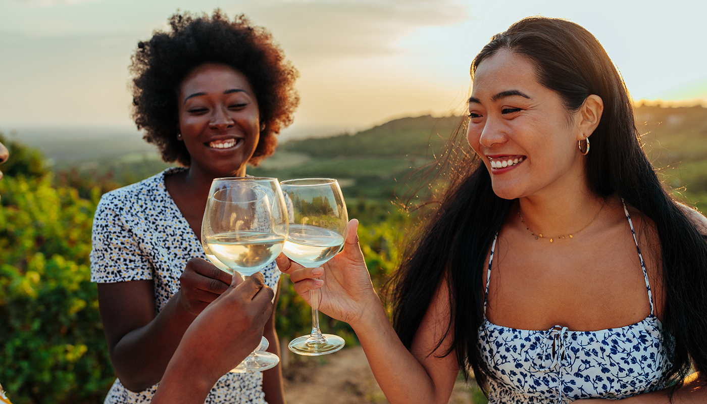 Female friends making a wine toast. The gathering is in the vineyard at sunset. Everyone is looking cool, laughing and smiling.