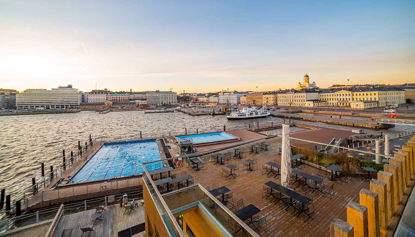 Aerial view of people swimming in the Allas Sea Pool in Helsinki 