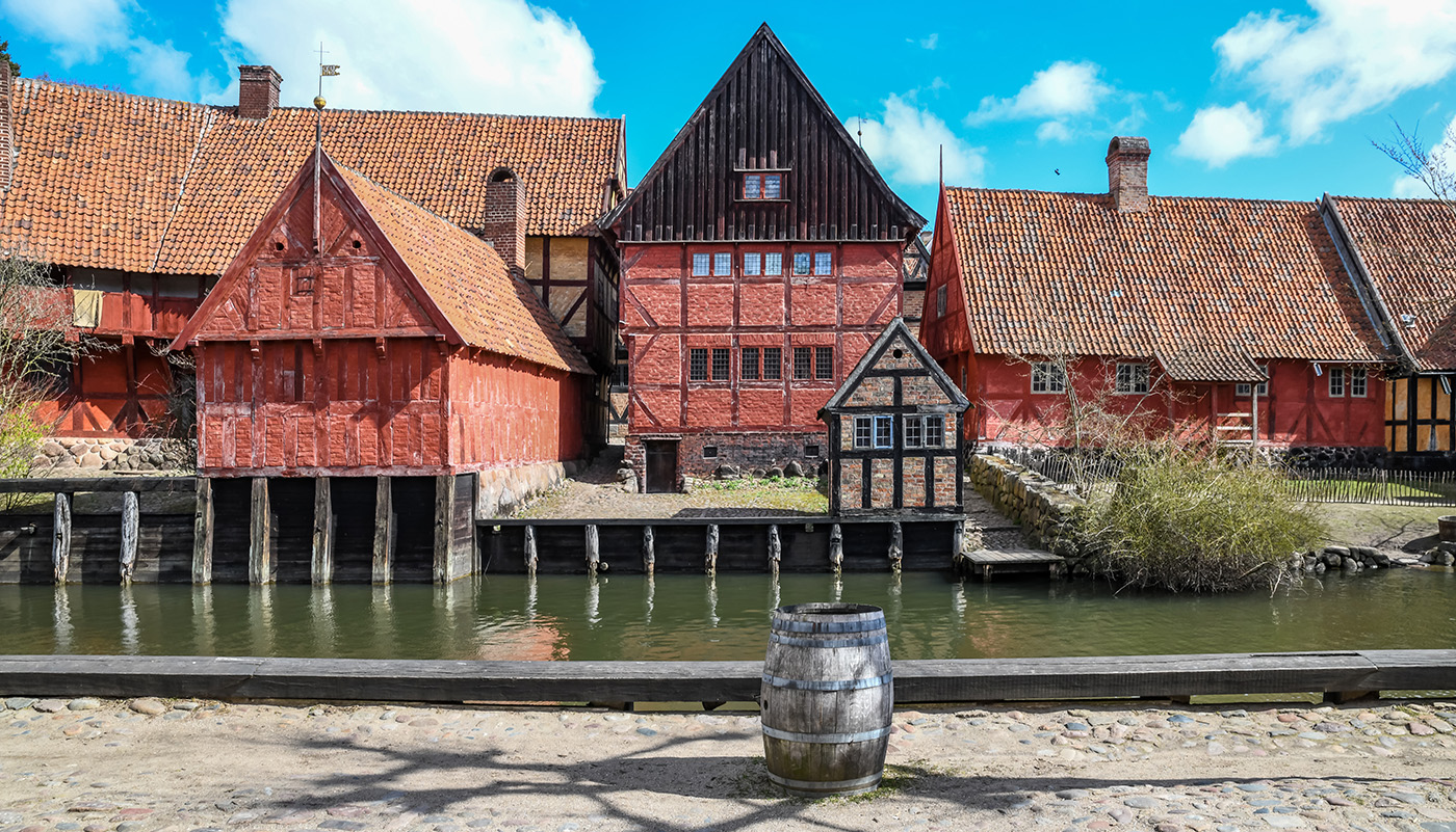 Red historic buildings in Old town Aarhus