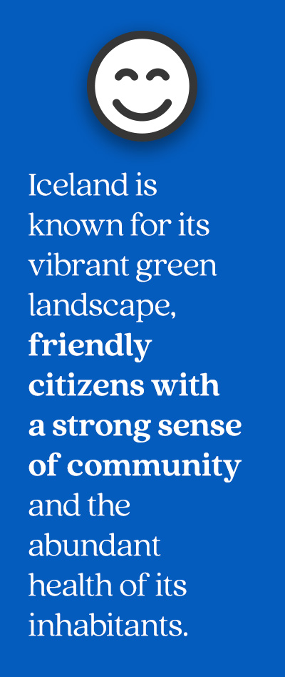 Banner that reads: "Iceland is known for its vibrant green landscape, friendly citizens with a strong sense of community."