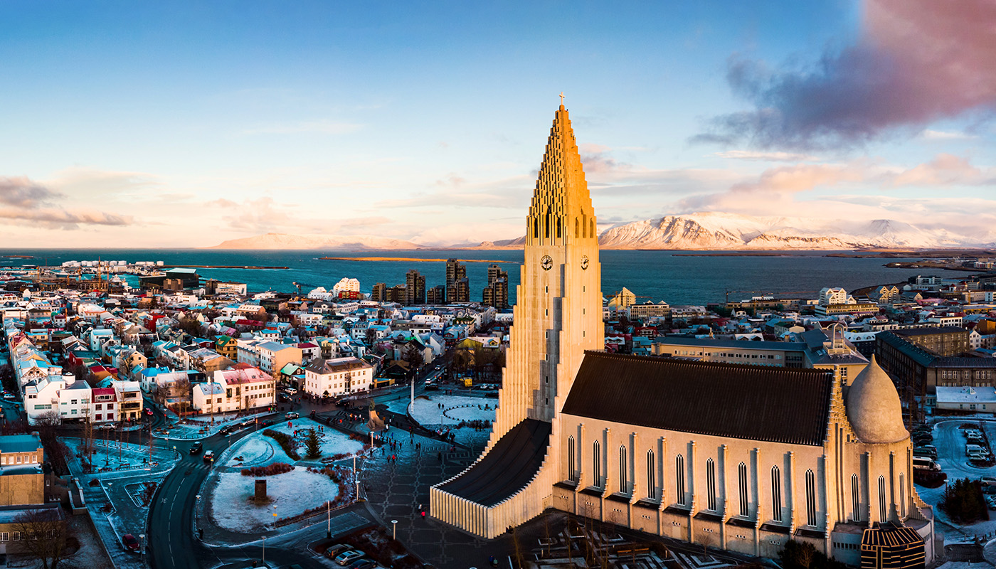 View of Reykjavik with Hallgrímskirkja church and tower in foreground