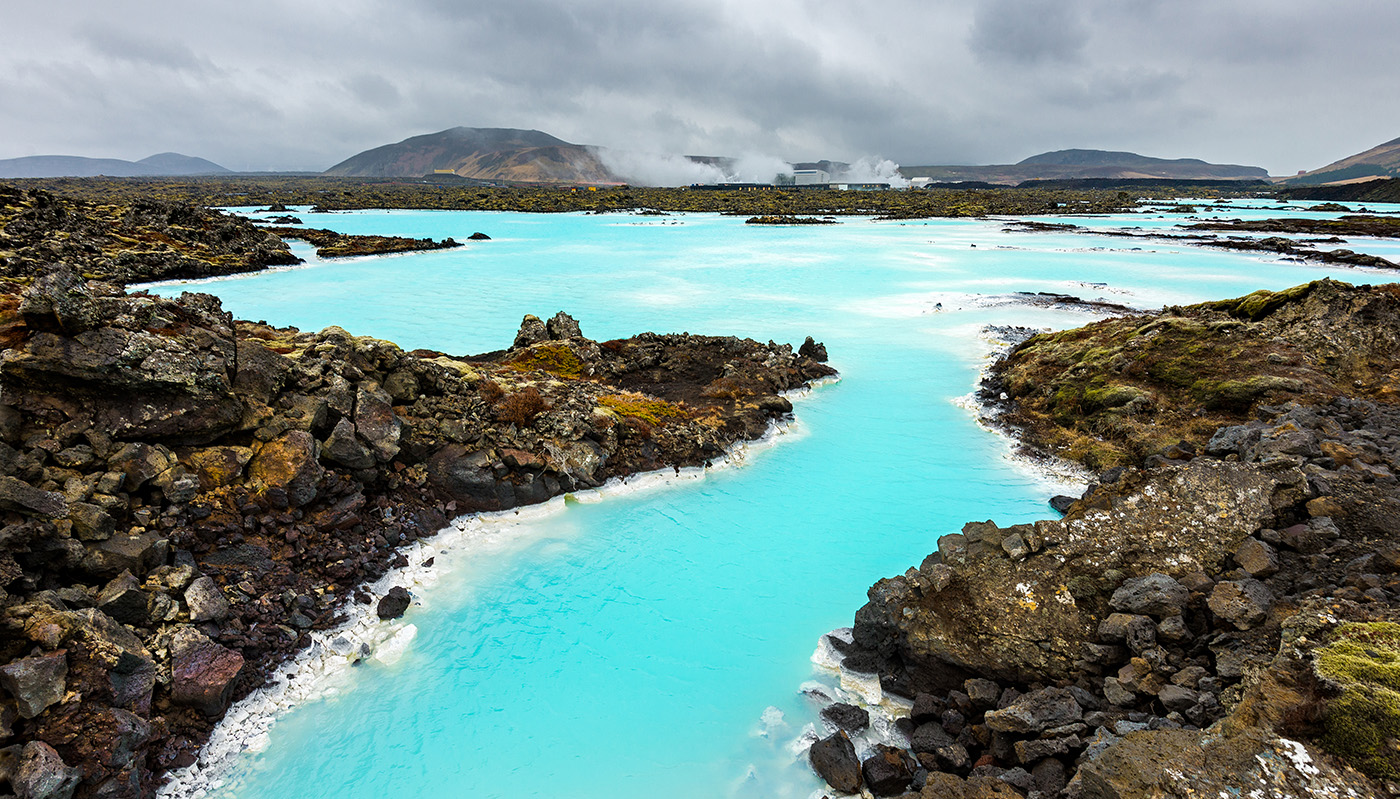 Vibrant blue water and cloudy sky at the Blue Lagoon in Iceland 