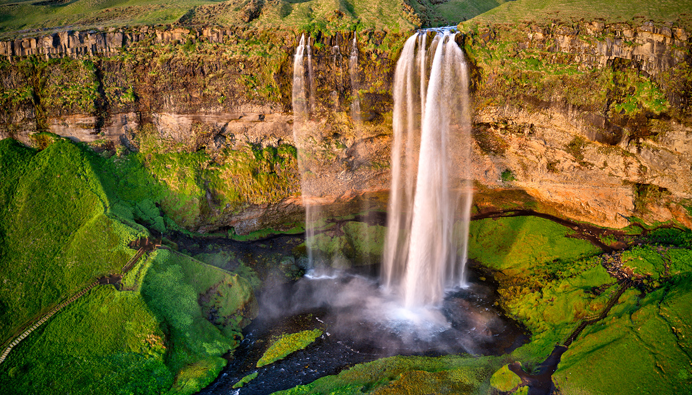 Aerial view of Seljalandsfoss waterfall in Iceland