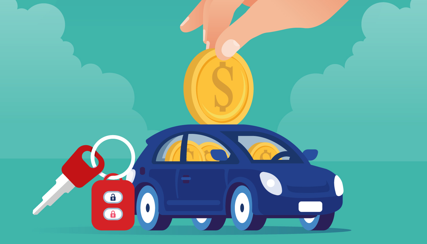 Illustration of coins being inserted into a car like a piggy bank
