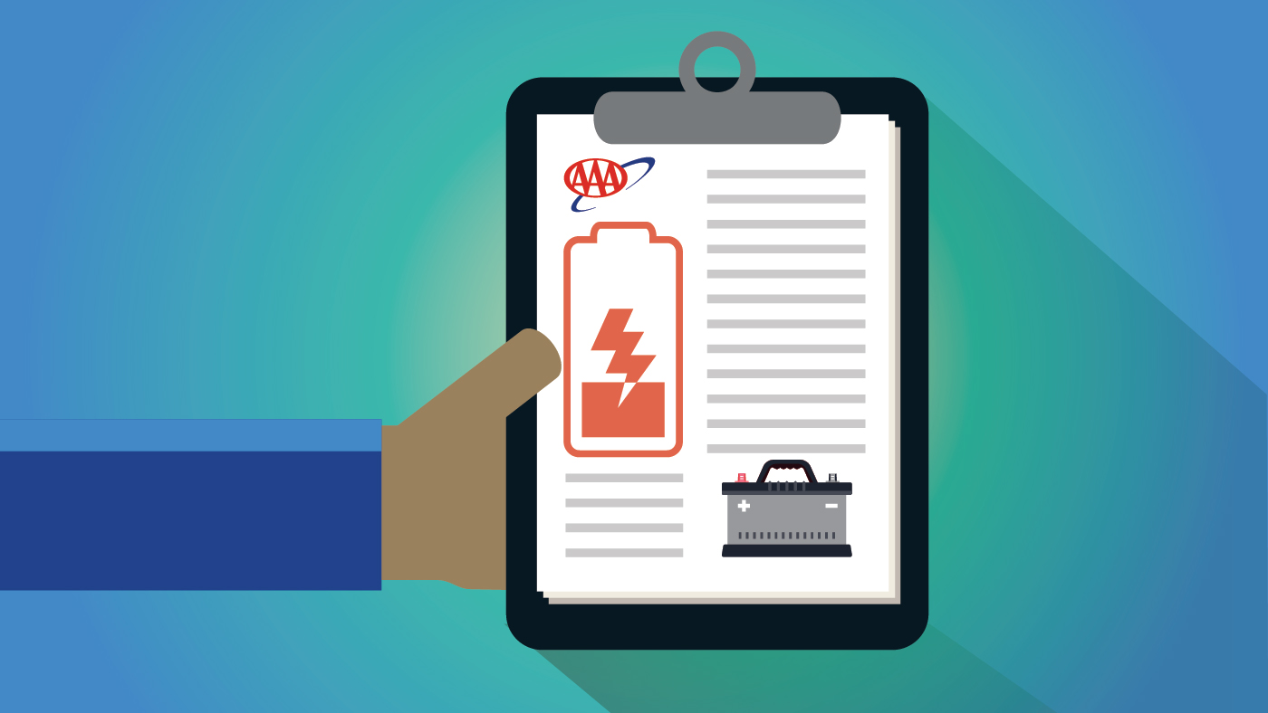 Illustration of hand holding a clipboard with report on car battery life