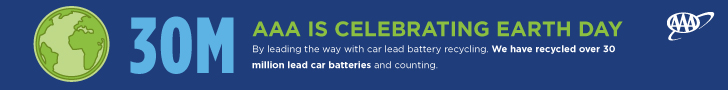 Earth Day battery recycling banner noting over 30 million car batteries have been recycled.