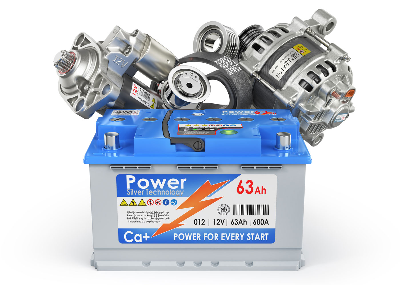 A picture of a car battery and a car alternator in one image.