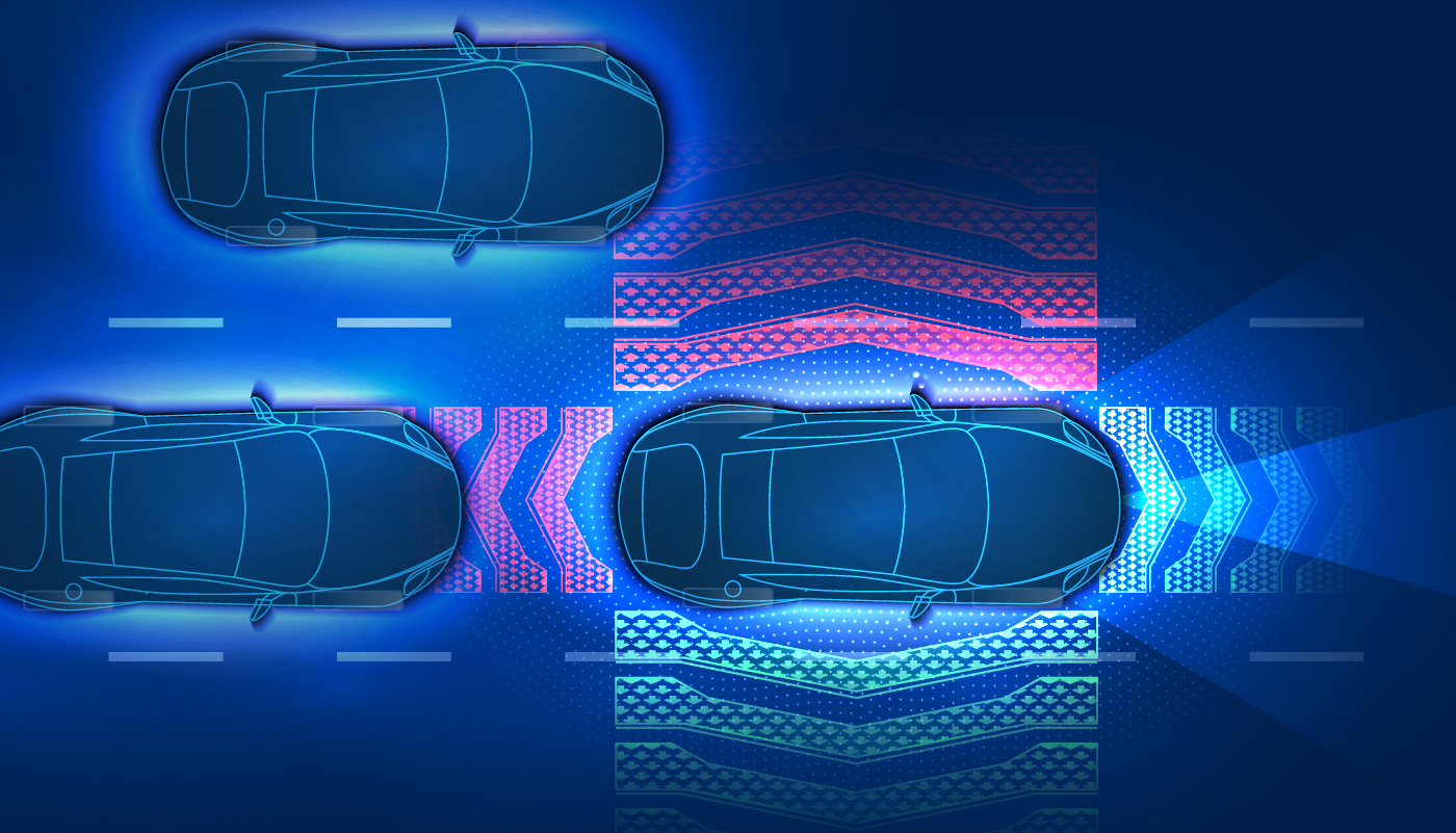 Top view illustration of 3 cars, one with advanced driver-assistance systems 