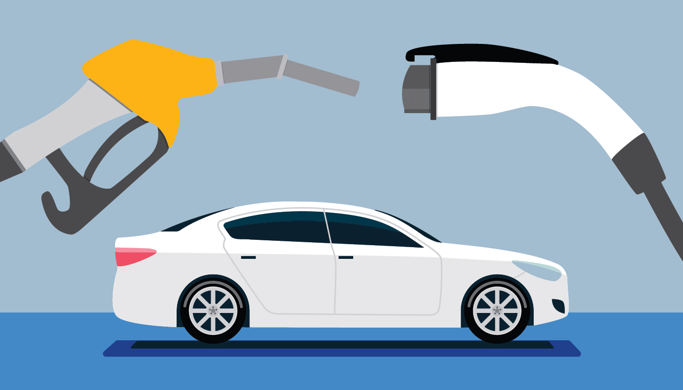 Animated illustration of car with gas pump nozzle on left side and car charger on right side