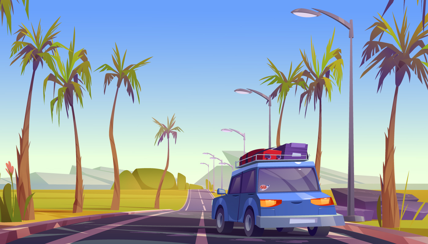 Car with luggage on top driving down palm tree-lined road