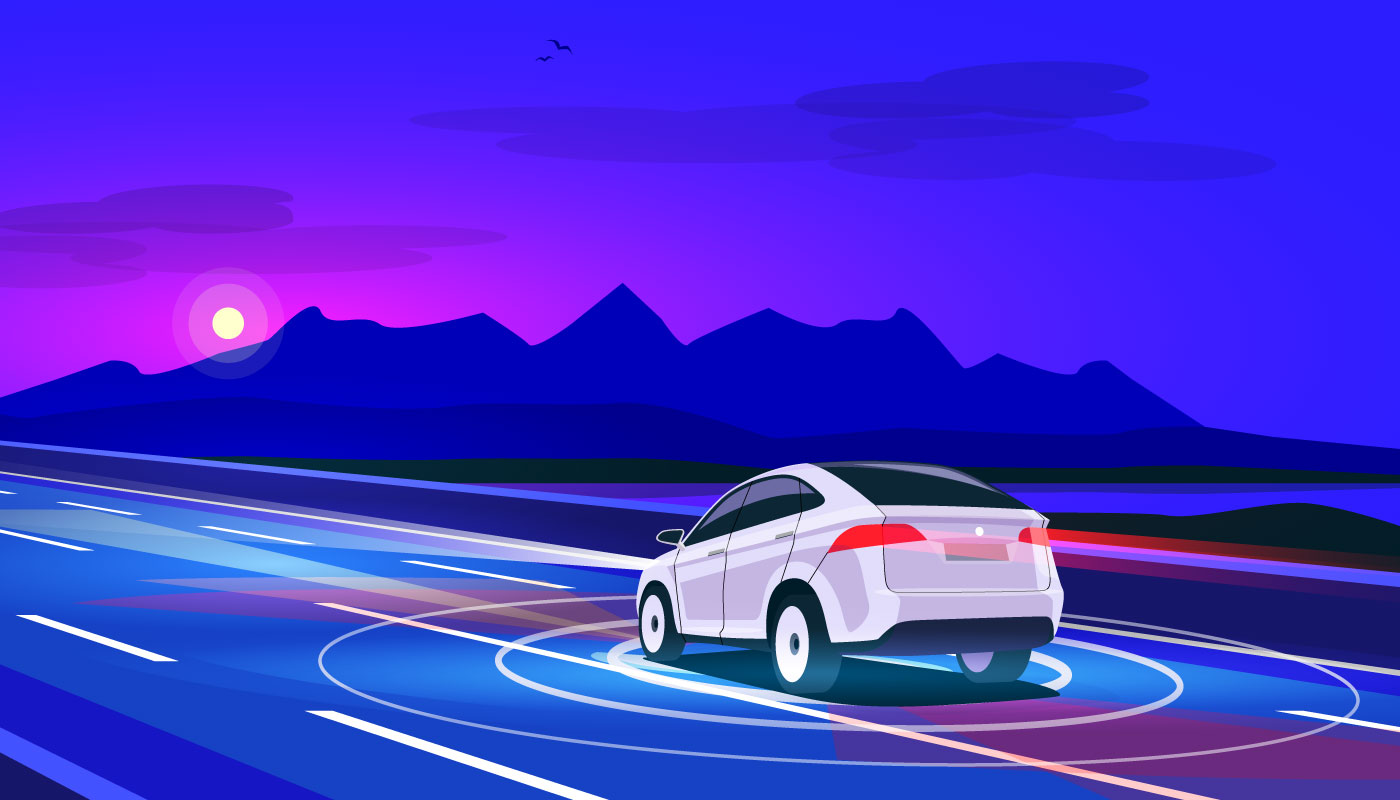 Conceptual graphic of an autonomous car with sensors on a road at dusk