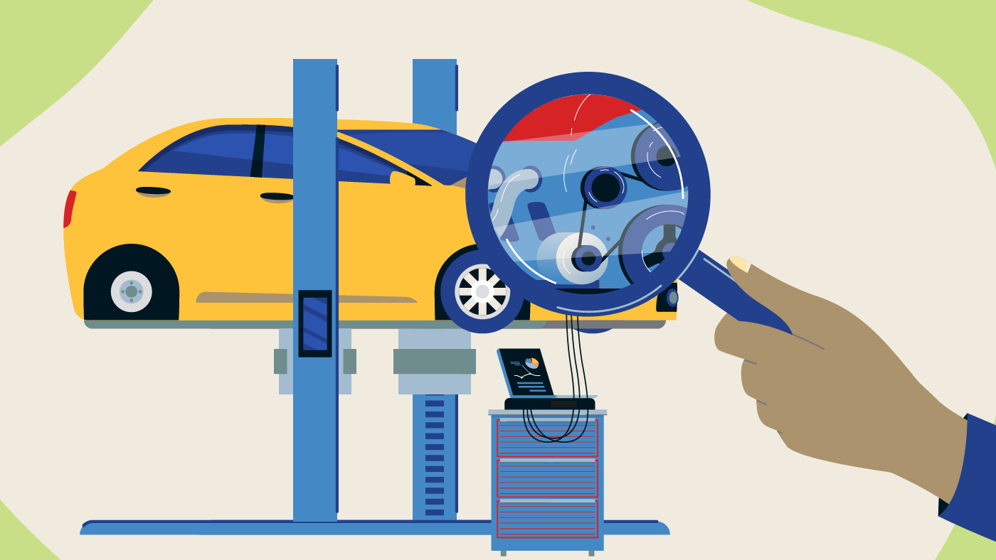 Graphic image of a car at a garage being inspected with a magnifying glass.