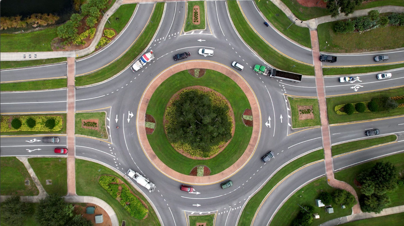 top-down view of circles entering and exiting a traffic circle