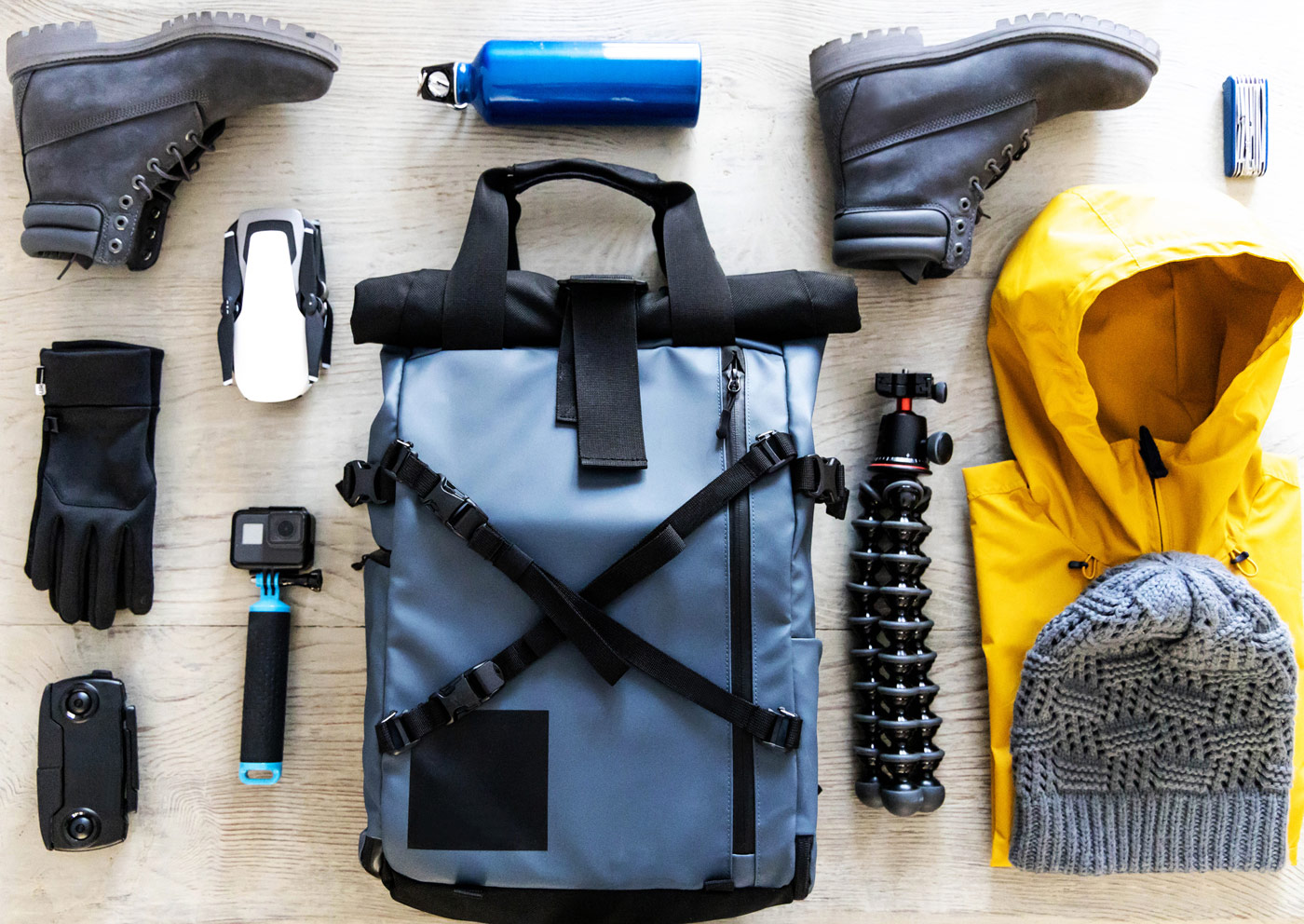 Hiking essentials laid out