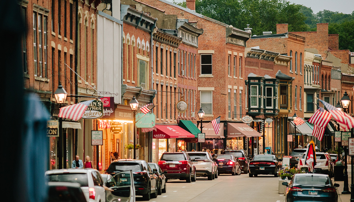 Storefronts and cars on Galena's Main Street