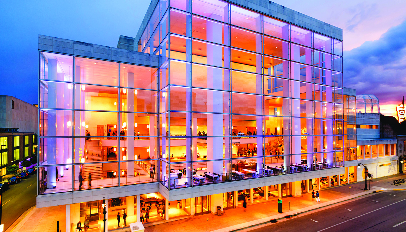 Exterior of the Overture Center for the Arts at dusk