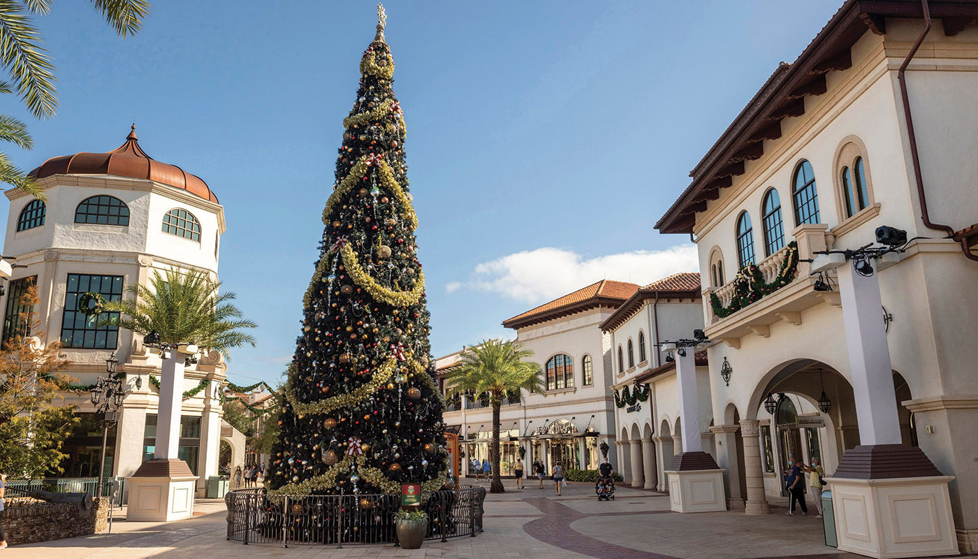 View of Christmas tree and shops in Disney Springs, Lake Buena Vista
