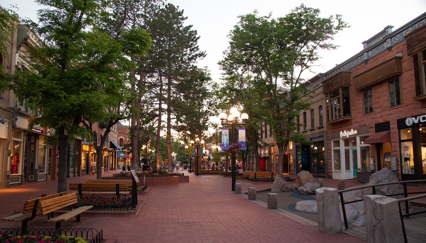 Pearl Street Mall in Downtown Boulder at dusk