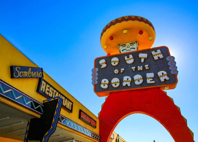 A large sign of the South of the Border mascot name Pedro in Hamer, South Carolina. 