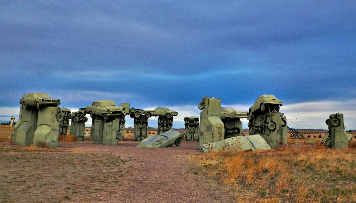 View of the Carhenge park located in the plains of Nebraska.  