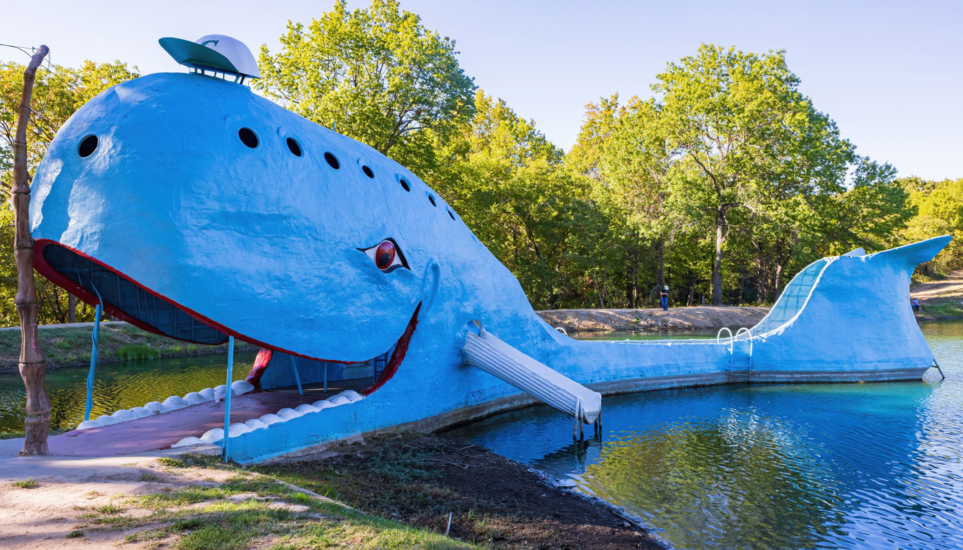Sunny view of the Blue Whale of Catoosa, Oklahoma. 