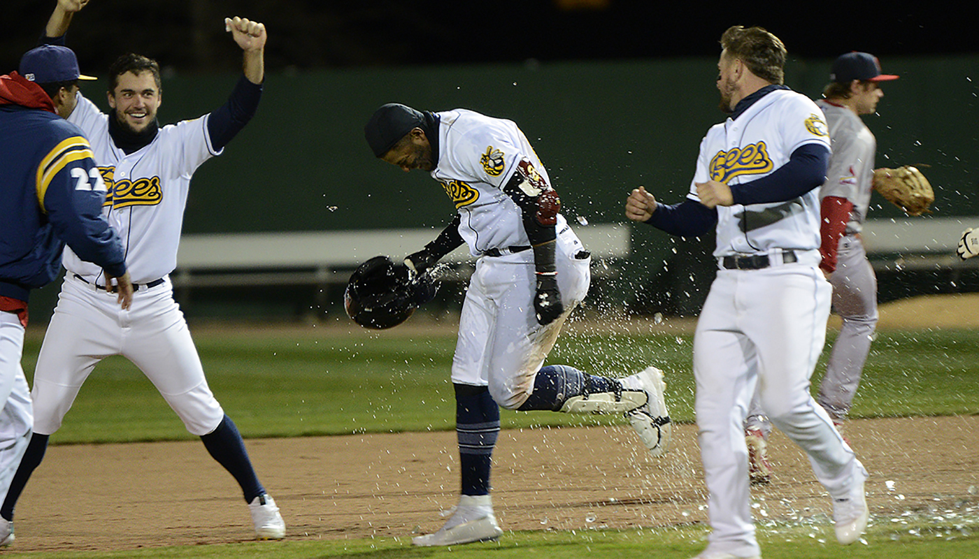 Baseball players celebrate a victory on the field.