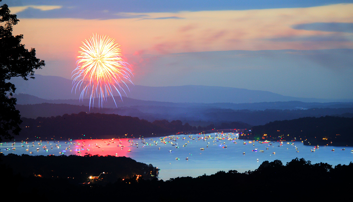 A firework explodes in the sky over Lake Blue Ridge.