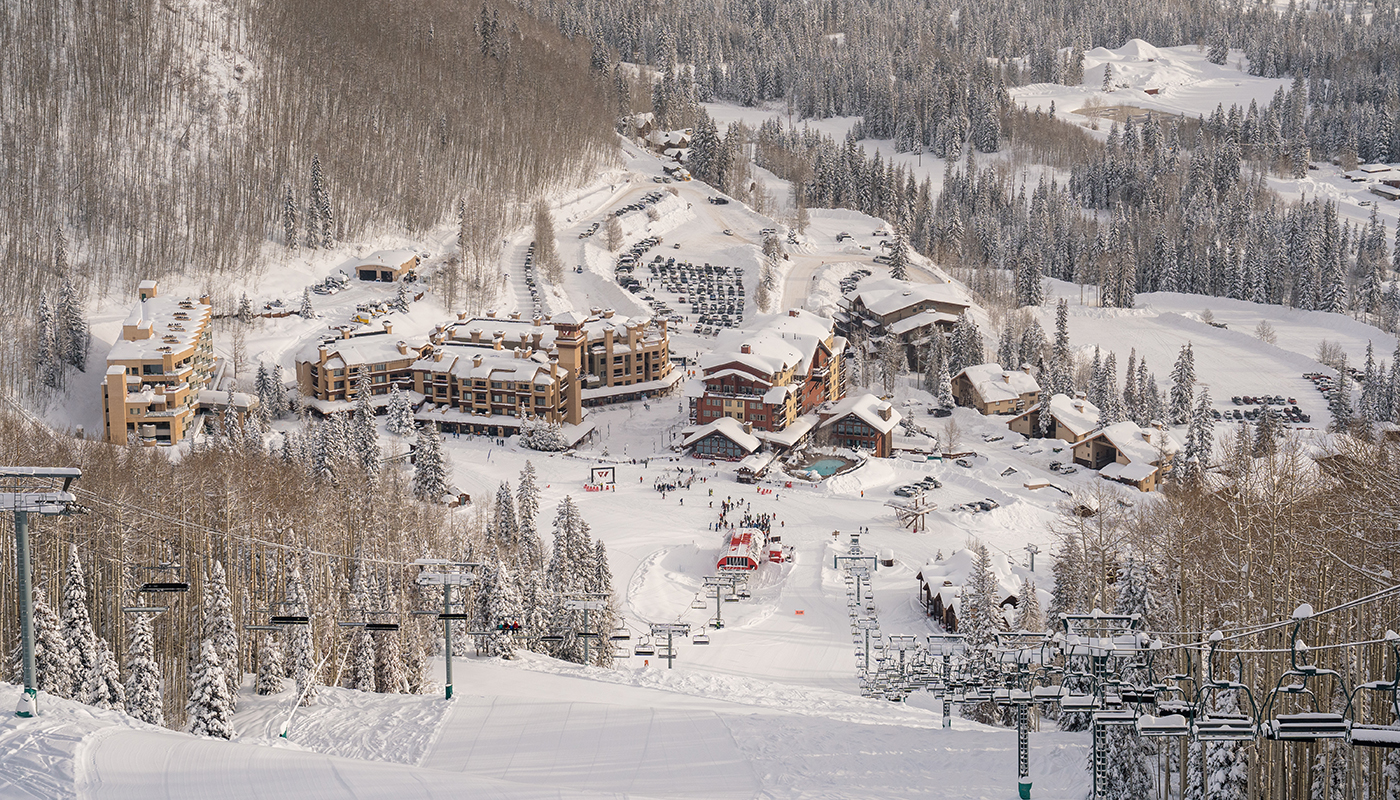 View of the slopes, ski lift and resort at Purgatory in Durango, Colorado