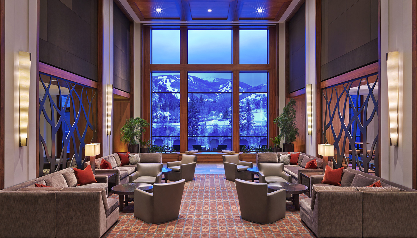 Lobby sitting area at the Westin Riverfront Resort & Spa with a view of the Colorado mountains 