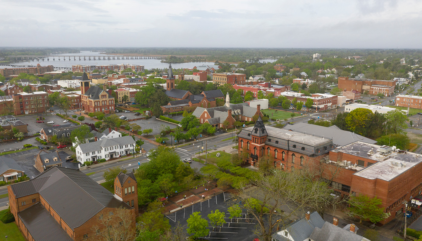 Aerial view of New Bern buildings and streets