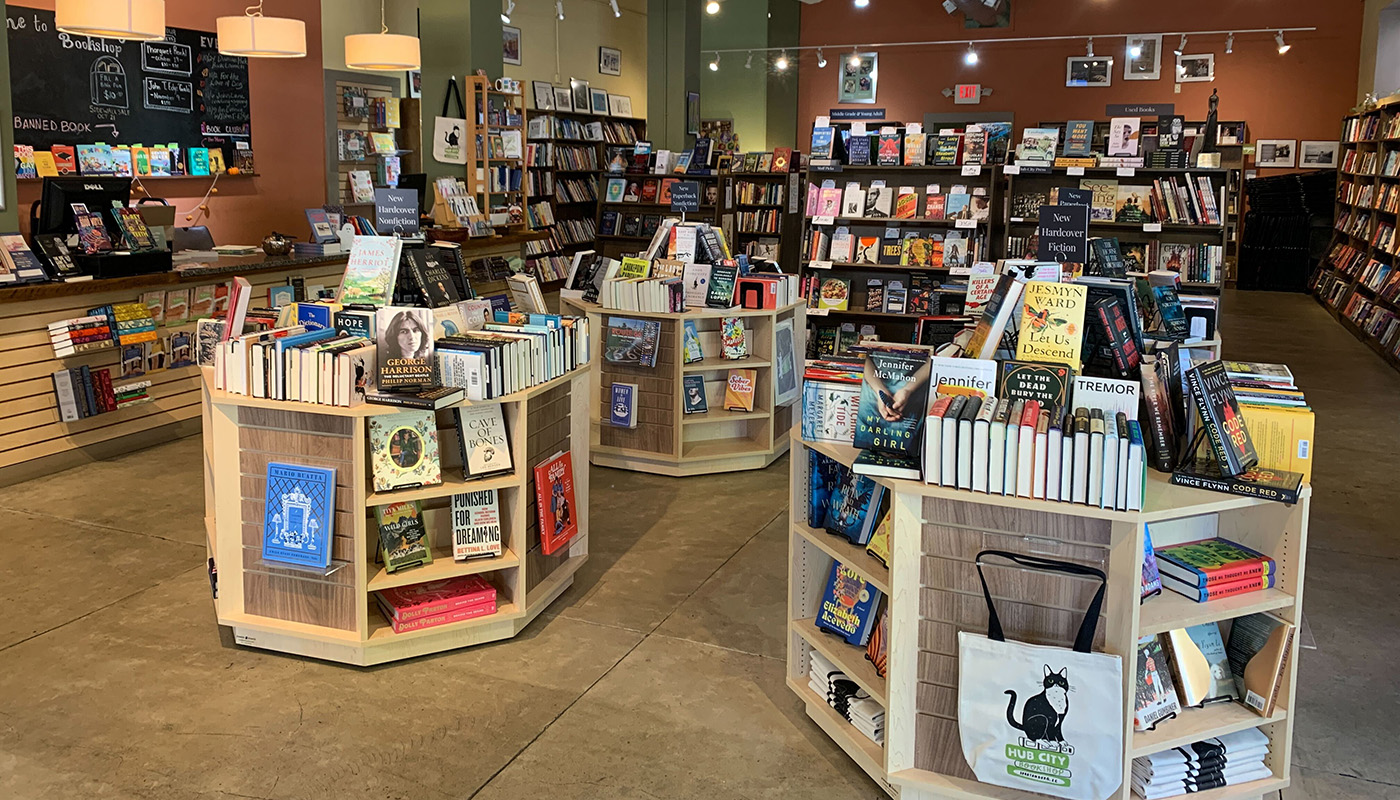 Various book display tables at Hub City Bookshop