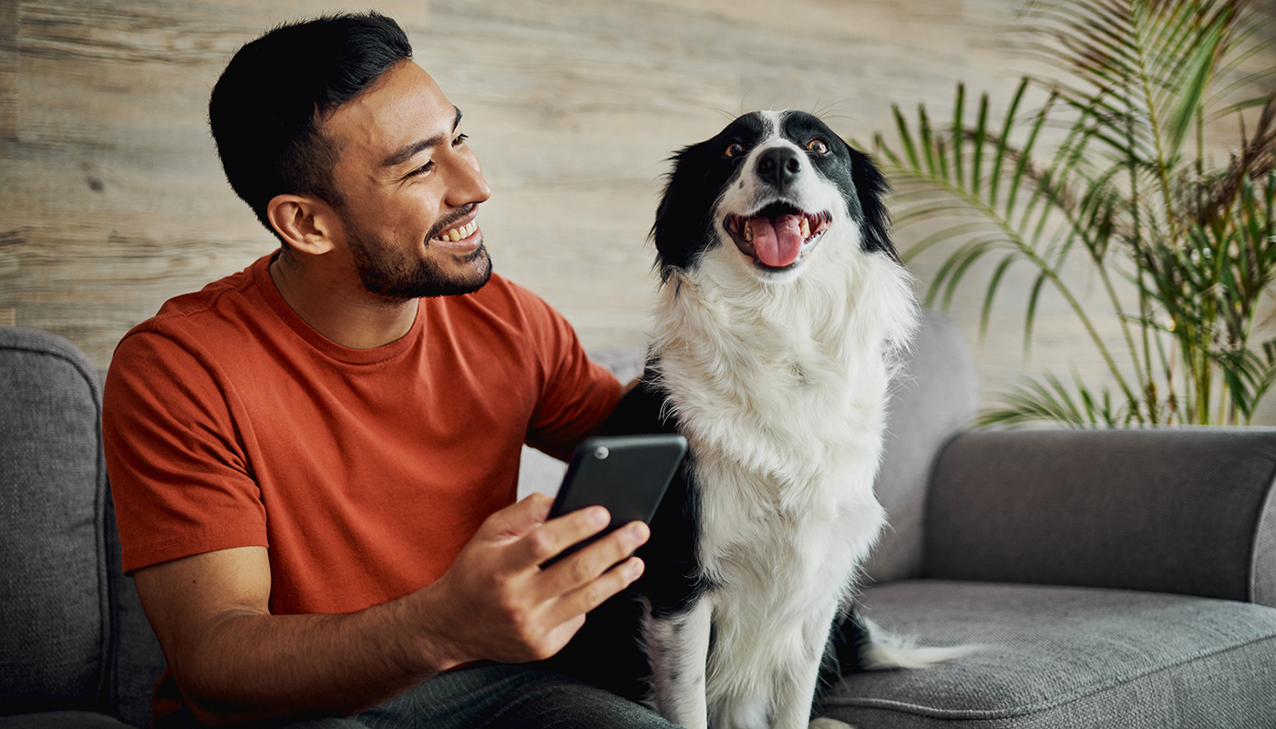 A man looks up from his phone to smile at his dog as they both sit on the couch.