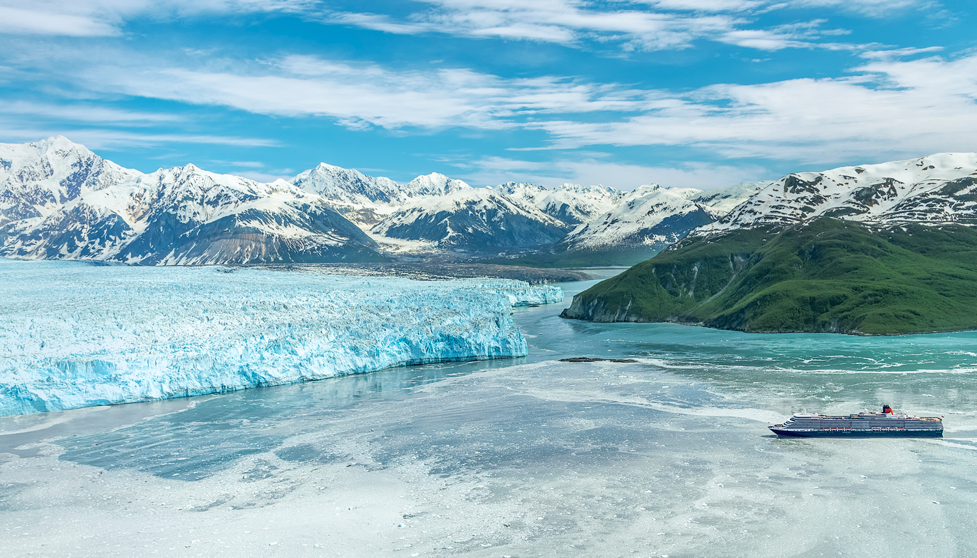 Cunard's Queen Elizabeth cruise ship off the coast of an Alaskan glacier field