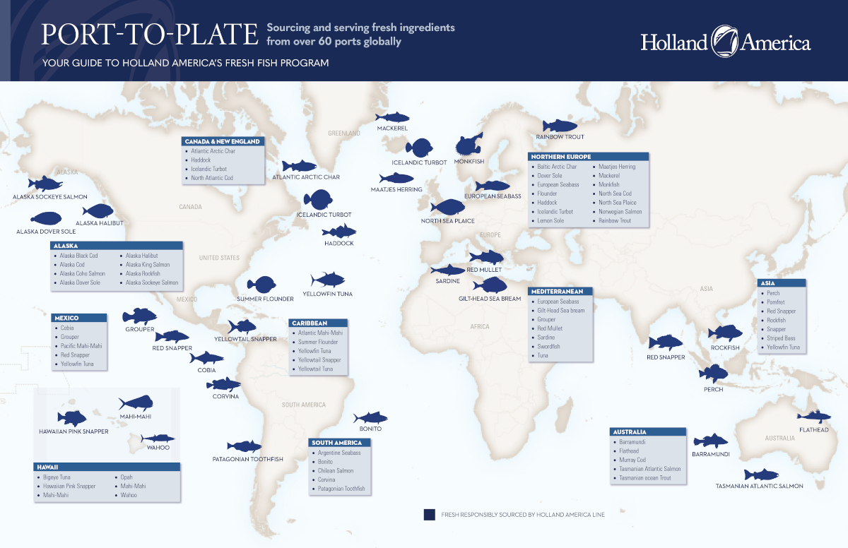 Port to plate map of the places that Holland America Line sources the seafood served.