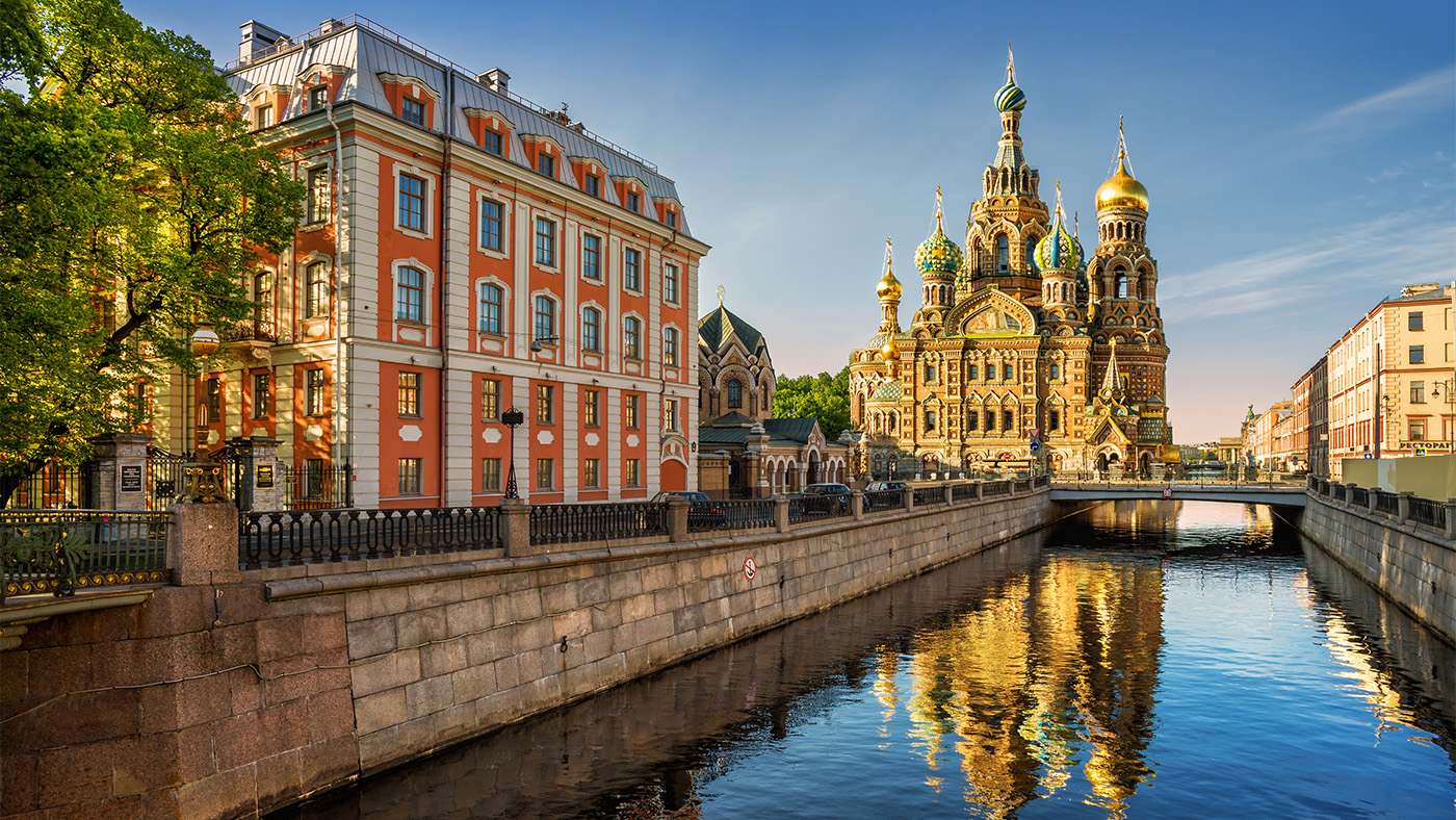 Elaborate cathedrals line the canals of St. Petersburg, Russia