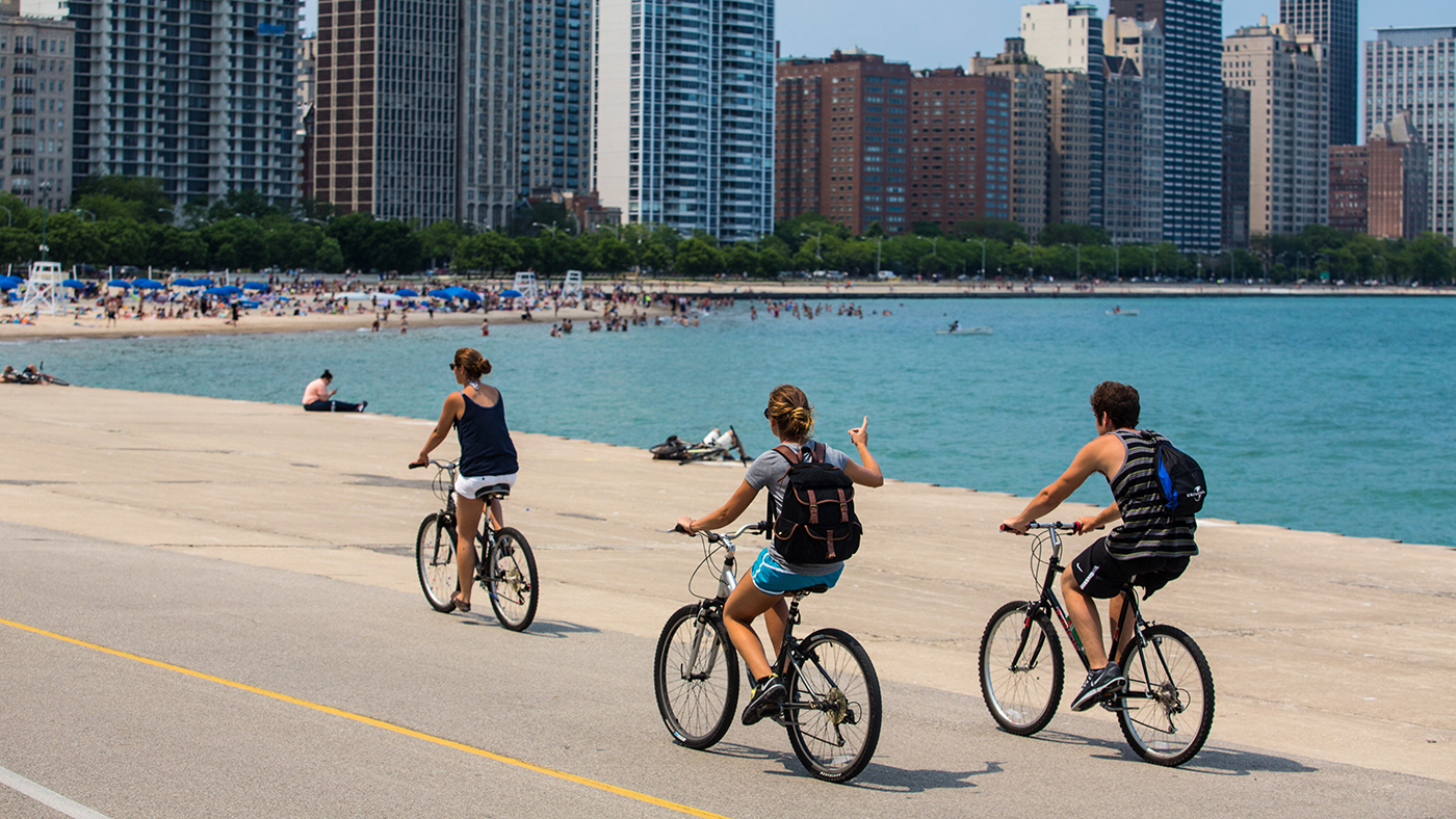 Chicago’s Lakefront Trail stretches about 18 miles along Lake Michigan